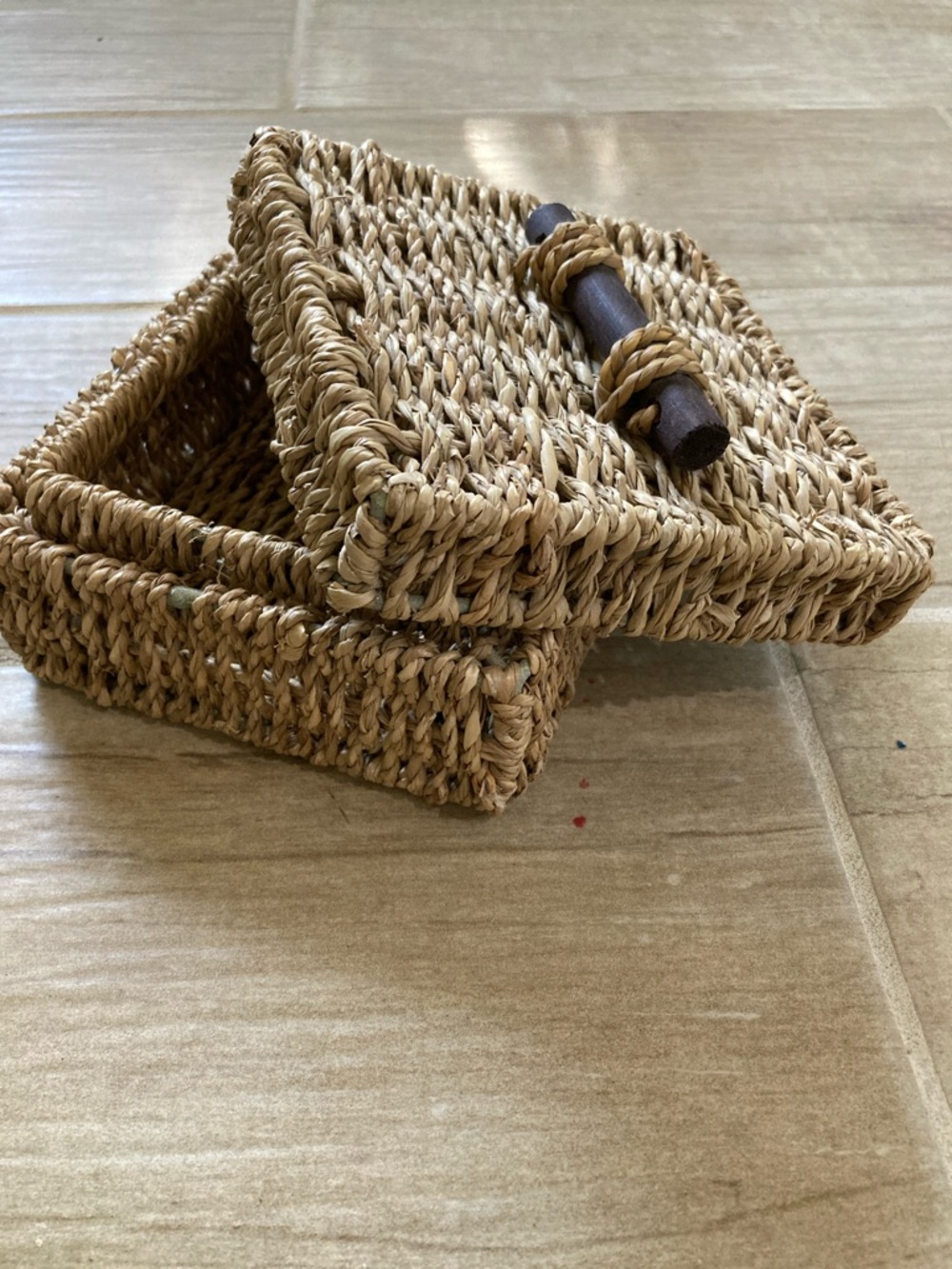 Woven Seagrass Small Storage Box with Wooden Toggle Lid